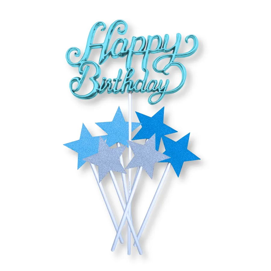 Modré zápichy na dort s nápisem Happy Birthday, plastové, balení 7 kusů