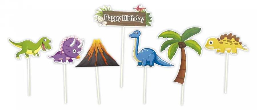 Zapichovací dekorace Happy Birthday s motivem dinosaurů, výška 16,5 cm, v barevném provedení