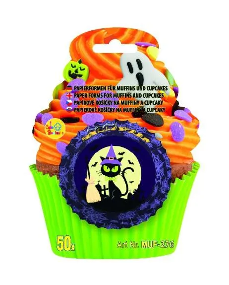 Papírové košíčky na muffiny s motivem kočky pro Halloween, balení 50 kusů, výška 3,2 cm