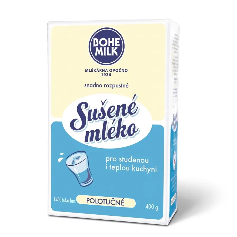 Sáček sušeného polotučného mléka Bohemilk o hmotnosti 400 g