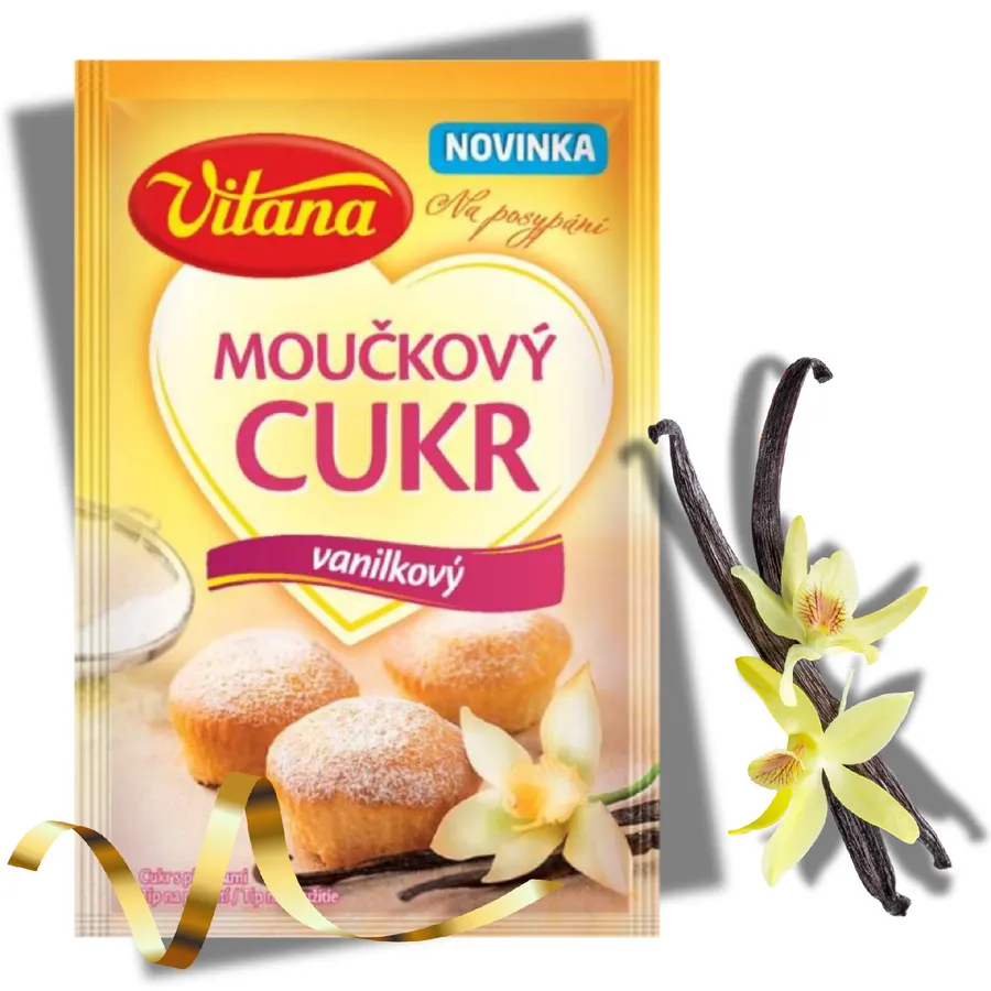 Balení moučkového vanilkového cukru Vitana, hmotnost 10 g, s viditelnými tečkami mleté vanilky