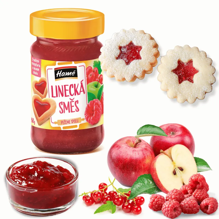 Balení ovocné linecké náplně Hamé o hmotnosti 260 g s ovocnou směsí z jablek, rybízu a malin