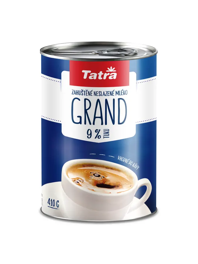 Zahuštěné neslazené mléko Tatra Grand, plechovky 2 x 410 g, obsah tuku 9 %