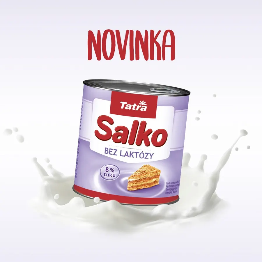 Plechovka slazeného kondenzovaného mléka Tatra Salko 8 % bez laktózy, 397 g