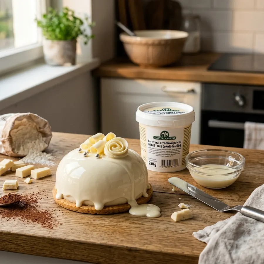Zrcadlová poleva Mirall bílá čokoláda v balení 250 g, bílá barva, italský výrobek