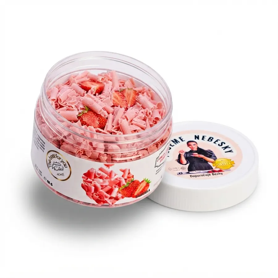 Jahodové čokoládové hobliny v balení 80 g, růžová barva, na zdobení dortů a zákusků