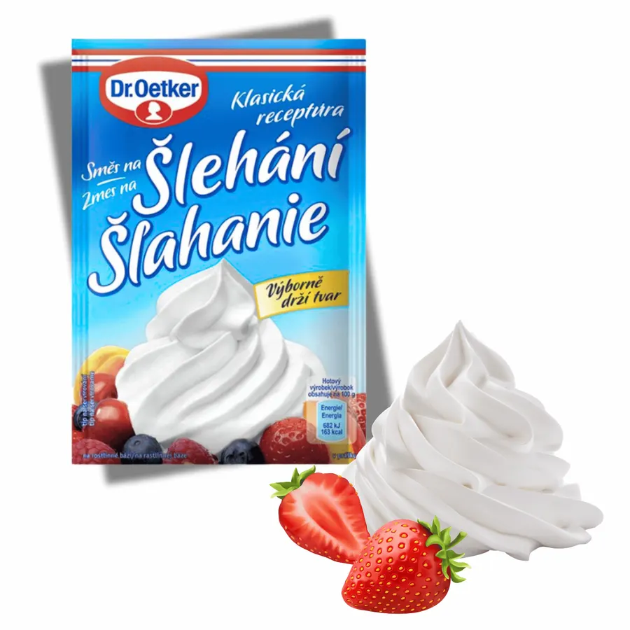 Sáček instantní šlehačky v prášku Dr. Oetker o hmotnosti 45 g, bílý krém pro zdobení dortů