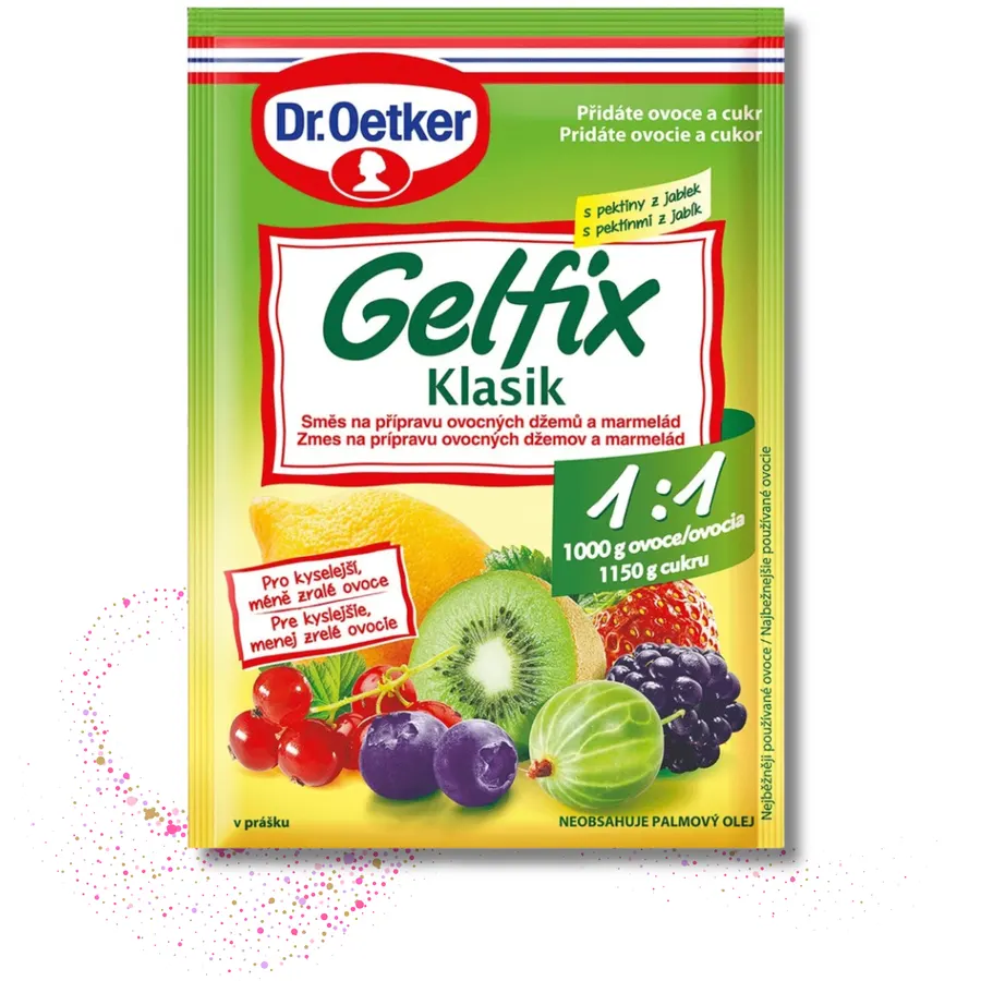 Sáčky želírovacího přípravku Gelfix Klasik 1:1 značky Dr. Oetker, balení 20 g, pro džemy a marmelády