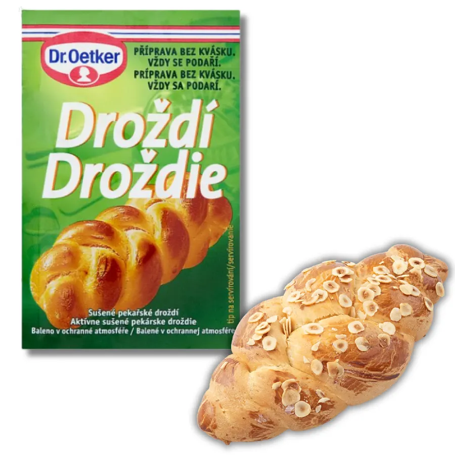 Sáček sušeného pekařského droždí Dr. Oetker o hmotnosti 7 g v balení na pečení