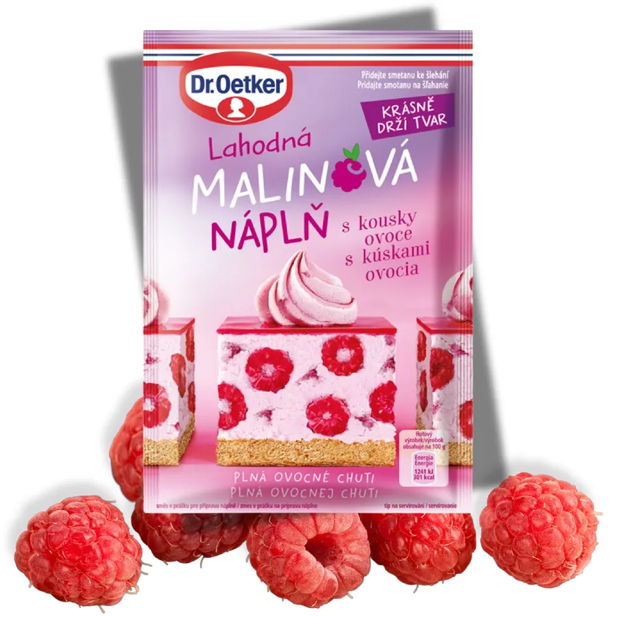 Malinová smetanová náplň Dr. Oetker v sáčku 50 g s kousky malin, světle růžový prášek