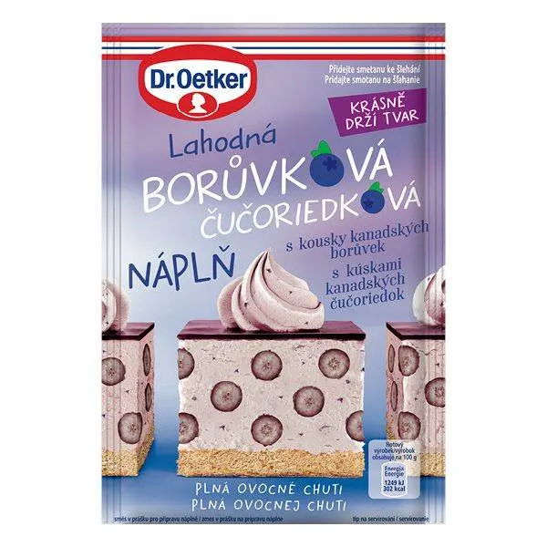 Sáček borůvkové práškové náplně Dr. Oetker, 50 g, fialově modrý výrobek s borůvkovou příchutí