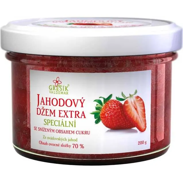 Jahodový džem Grešík extra speciál, skleněná sklenice 200 g, tmavě červená náplň