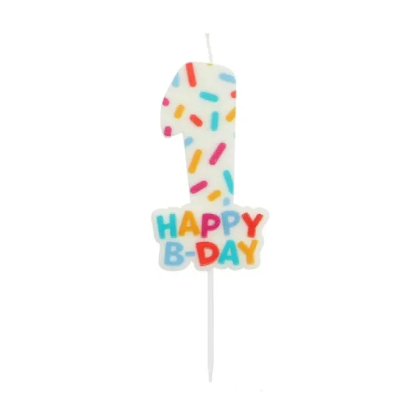 Lesklá dortová svíčka ve tvaru číslice 1 s nápisem Happy B-day, výška 7 cm, balení 1 ks