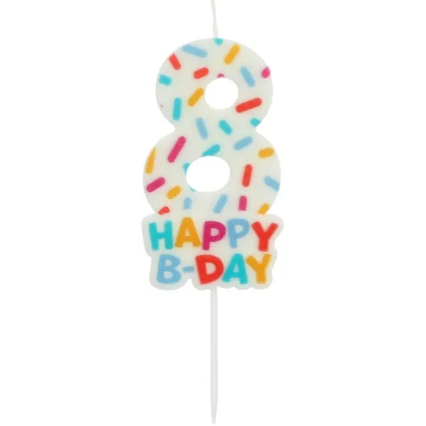 Dortová svíčka Folat ve tvaru číslice 8 s nápisem Happy B-day, lesklá, výška 7 cm, balení 1 ks