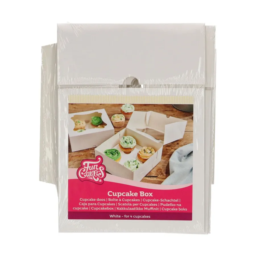 Průhledná krabička na 4 cupcaky nebo muffiny s proložkami, balení po 3 kusech, značka FunCakes