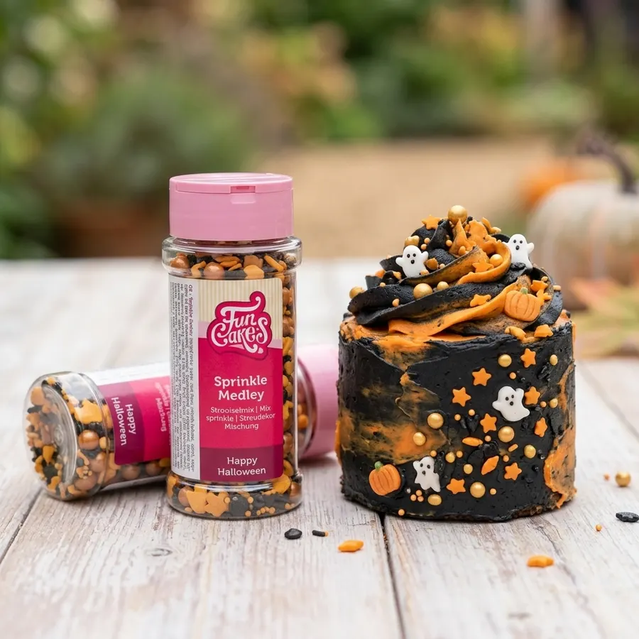 Cukrové sypání Halloween v černé, oranžové a zlaté barvě, balení 65 g s perličkami a konfetami