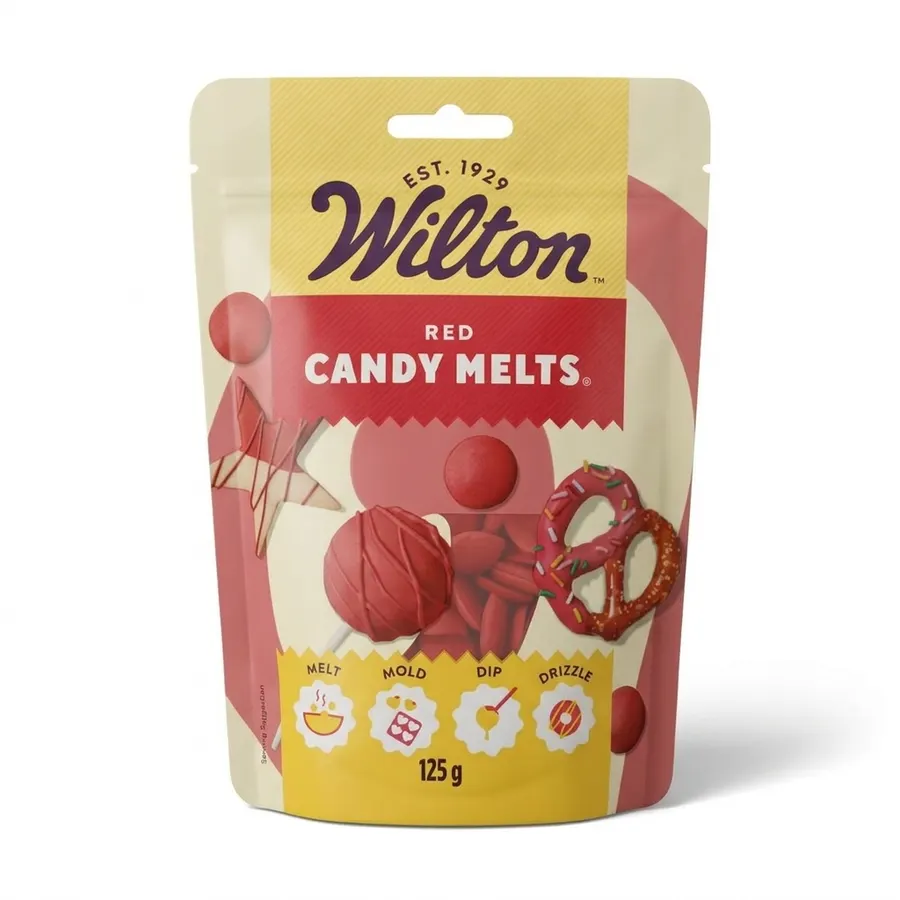 Červená cukrářská poleva Wilton Candy Melts v balení 125 g, pevné pecky