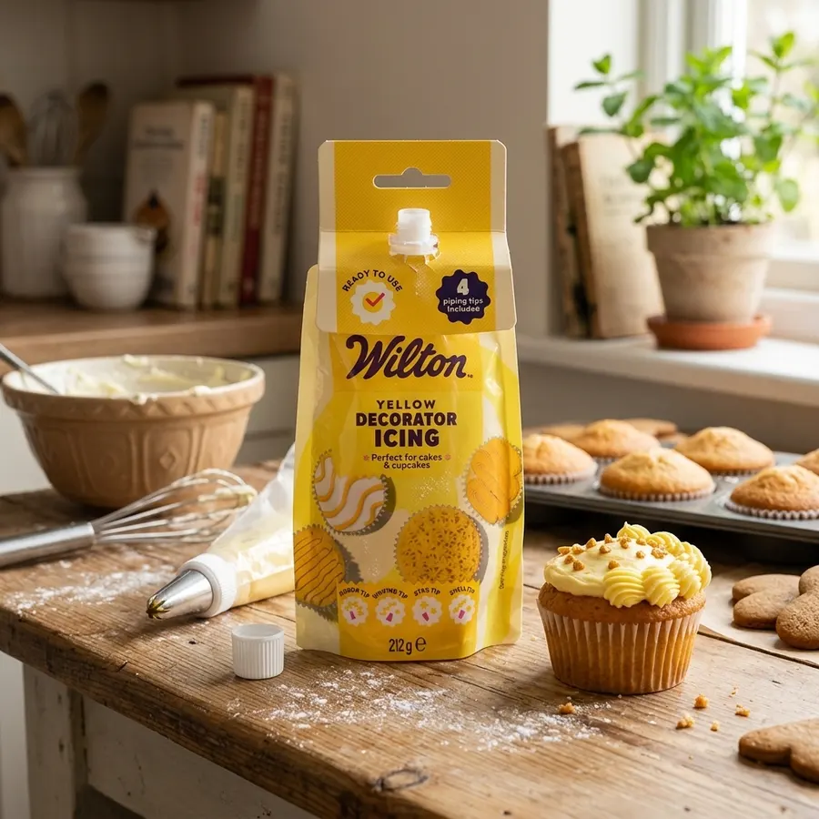 Žlutá zdobicí poleva Wilton Decorator Icing v sáčku 212 g se čtyřmi tryskami