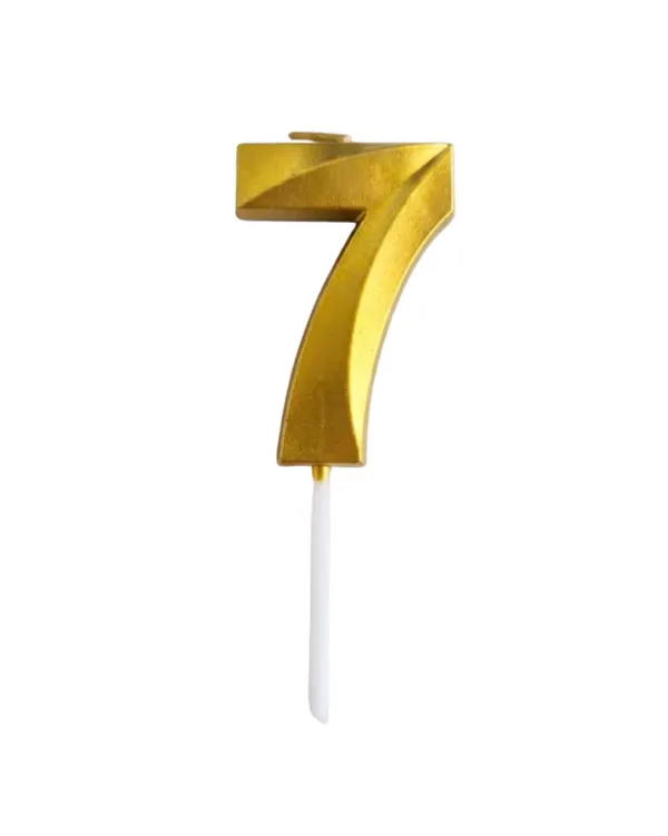 Zlatá dortová svíčka ve tvaru číslice 7, lesklý povrch, výška 4,7 cm