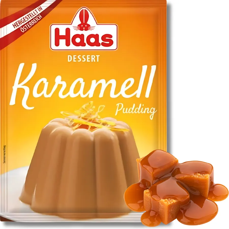 Karamelový dezertní puding HAAS v prášku, balení 37 g, žlutohnědý sáček s karamelovým motivem