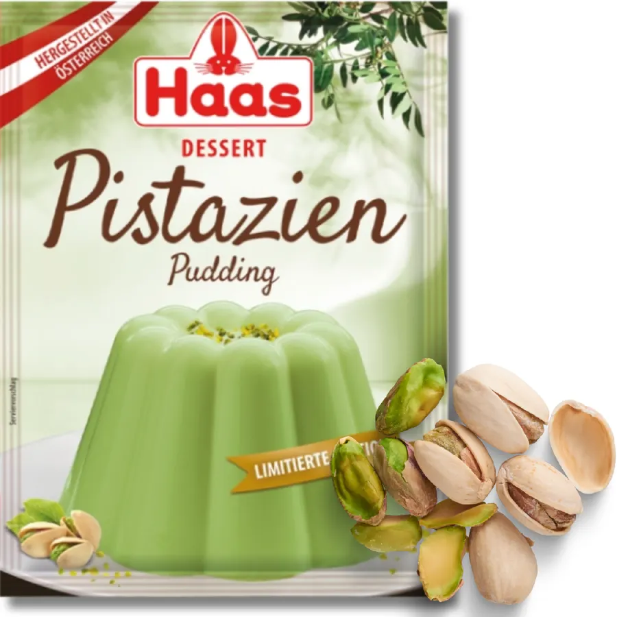 Balení dezertního pudingu v prášku s příchutí pistácie od značky HAAS, hmotnost 37 g