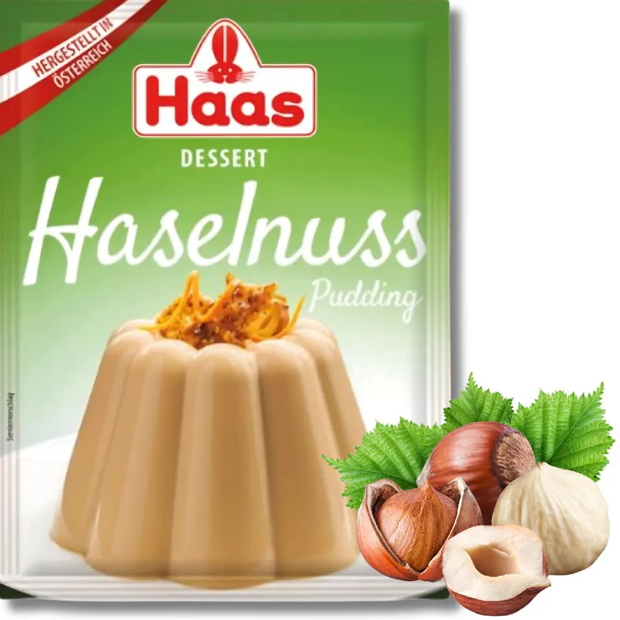 Balení dezertního pudingu HAAS s příchutí lískového ořechu, hmotnost 37 g