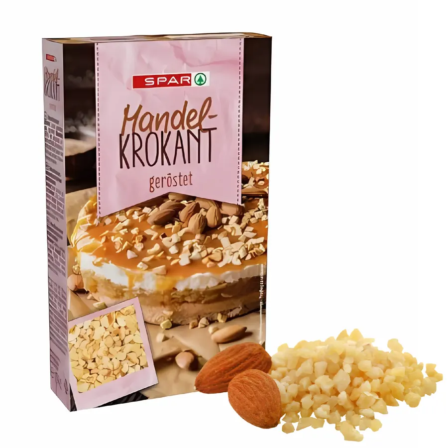 Mandlový krokant pražený v balení 150 g, nasekané mandle v karamelovém cukrovém obalu, světle hnědá barva
