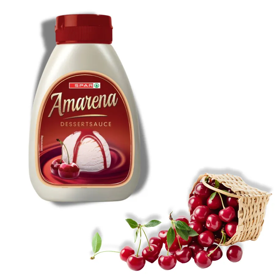 Dezertní topping višeň, sklenice 250 g s červeným ovocným přelivem