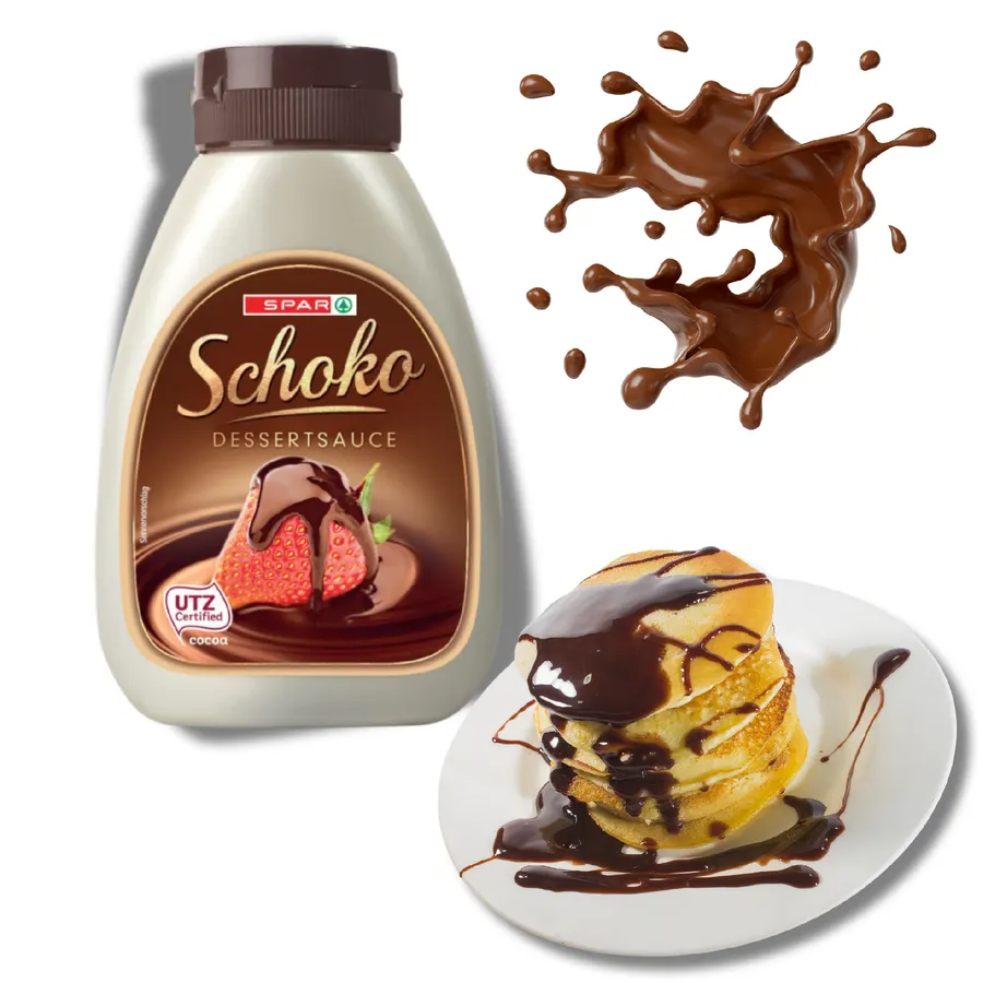 Čokoládový dezertní topping SPAR v lahvi o hmotnosti 250 g, tmavě hnědá omáčka