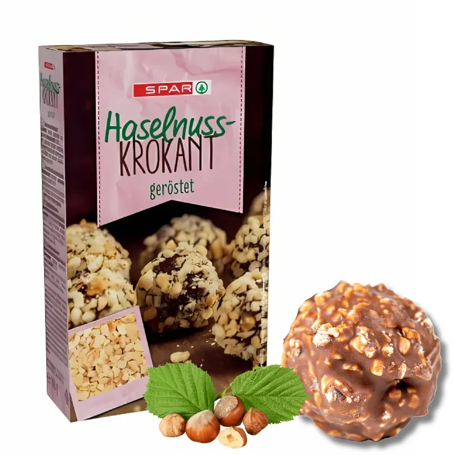 Pražený lískový krokant v karamelu, balení 100 g, drobné křupavé kousky ořechů