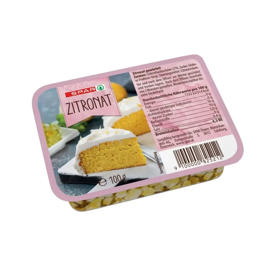 Kandovaná citrónová kůra v balení 100 g, nakrájené kousky světle žluté barvy v sáčku