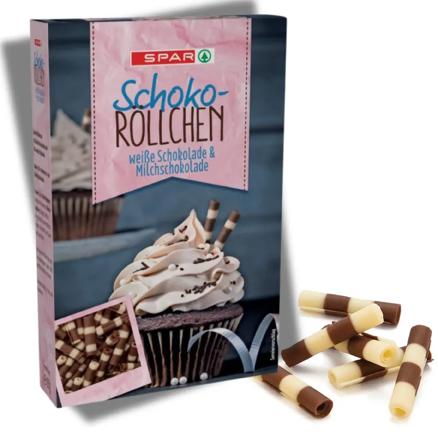 Rolované čokoládové trubičky s pruhovaným povrchem z mléčné a bílé čokolády, balení 80 g