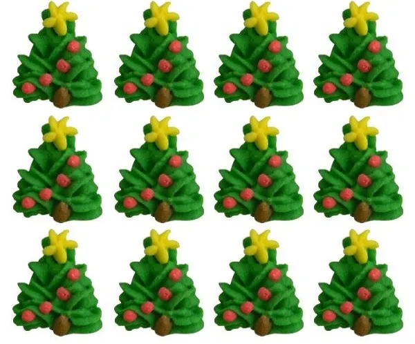 Cukrové vánoční stromečky s ozdobami, 12 kusů na platíčku, zelené figurky cca 2 x 1,5 cm