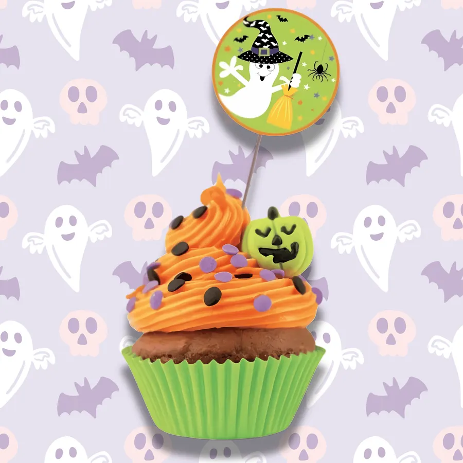 Sada 10 barevných dekoračních zápichů Halloween z dřeva a papíru, délka 11 cm