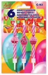 Růžové dortové svíčky s motivem cupcaku, sada 6 kusů, výška 8 cm