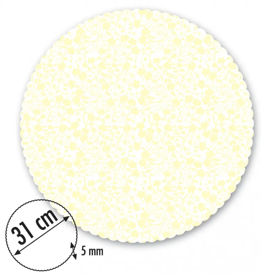 Bílá kulatá dortová podložka 31 cm se žlutým dekorem a sada 5 bílých papírových krajek