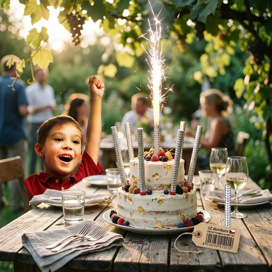 Stříbrná ohnivá fontána na dort PartyDeco, délka 12 cm, balení 1 ks