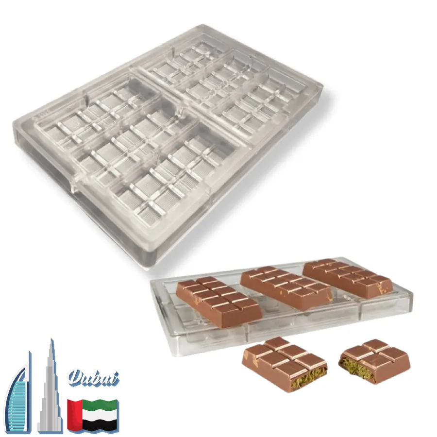 Polykarbonátová forma na čokoládové tabulky Dubaj, šest dutin v řadě 2×3, průhledný materiál