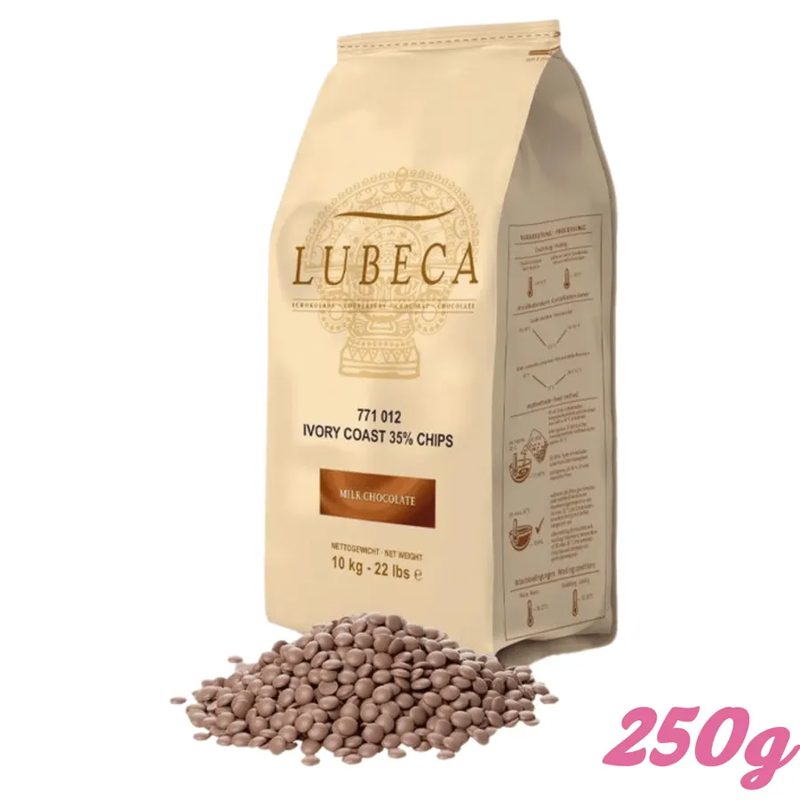 Mléčná čokoláda Lubeca s vanilkou v dóze, balení 250 g, tmavě hnědé čokoládové plátky