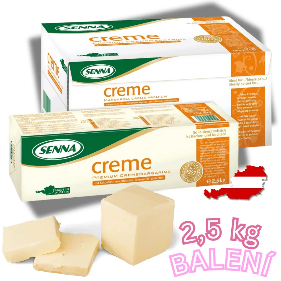 Rostlinný margarín Senna crema 80 % v bloku o hmotnosti 2500 g, bílý tuk na krémy a pečení