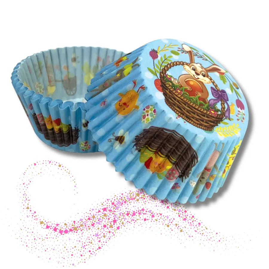 Modré velikonoční papírové košíčky na muffiny s motivy, balení 50 kusů