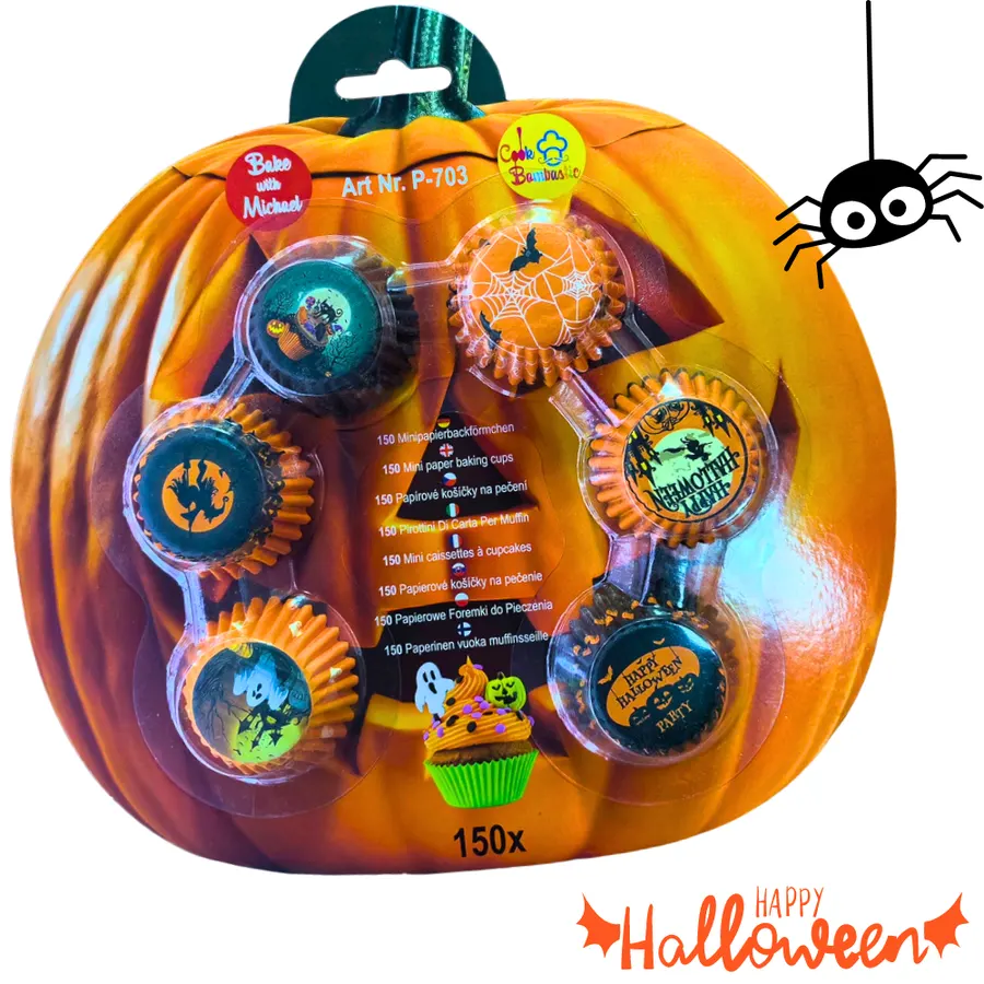 Halloweenské papírové košíčky na cukroví v oranžových podzimních barvách s motivy, balení 150 kusů