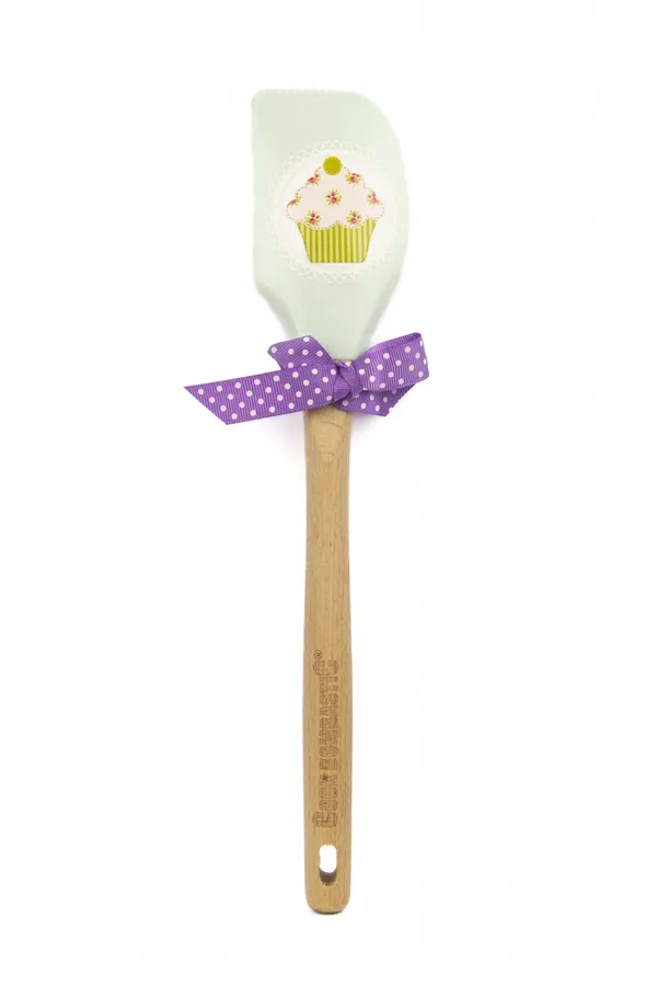 Zelená silikonová stěrka s dřevěnou rukojetí a motivem muffinu, délka 30 cm, 1 kus