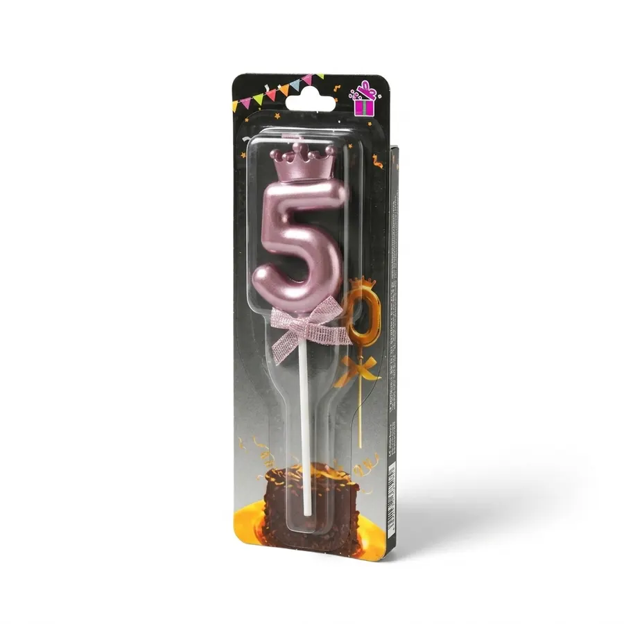 Růžovo-zlatá dortová svíčka ve tvaru číslice 5 s korunkou, výška 5,5 cm