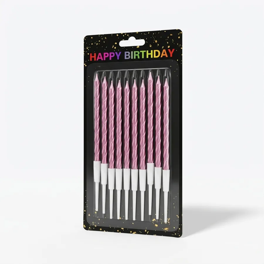 Růžové spirálové svíčky na dort, výška 10 cm, balení 10 kusů