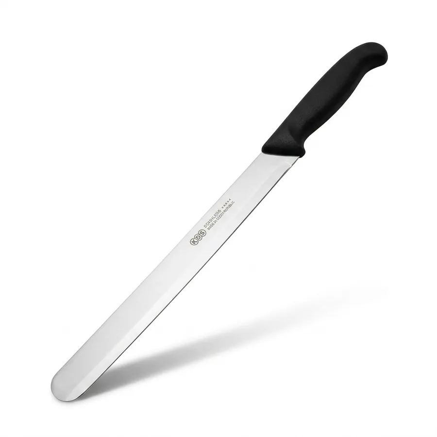 Hladký dortový nůž KDS s černou plastovou rukojetí a 28cm nerezovou čepelí