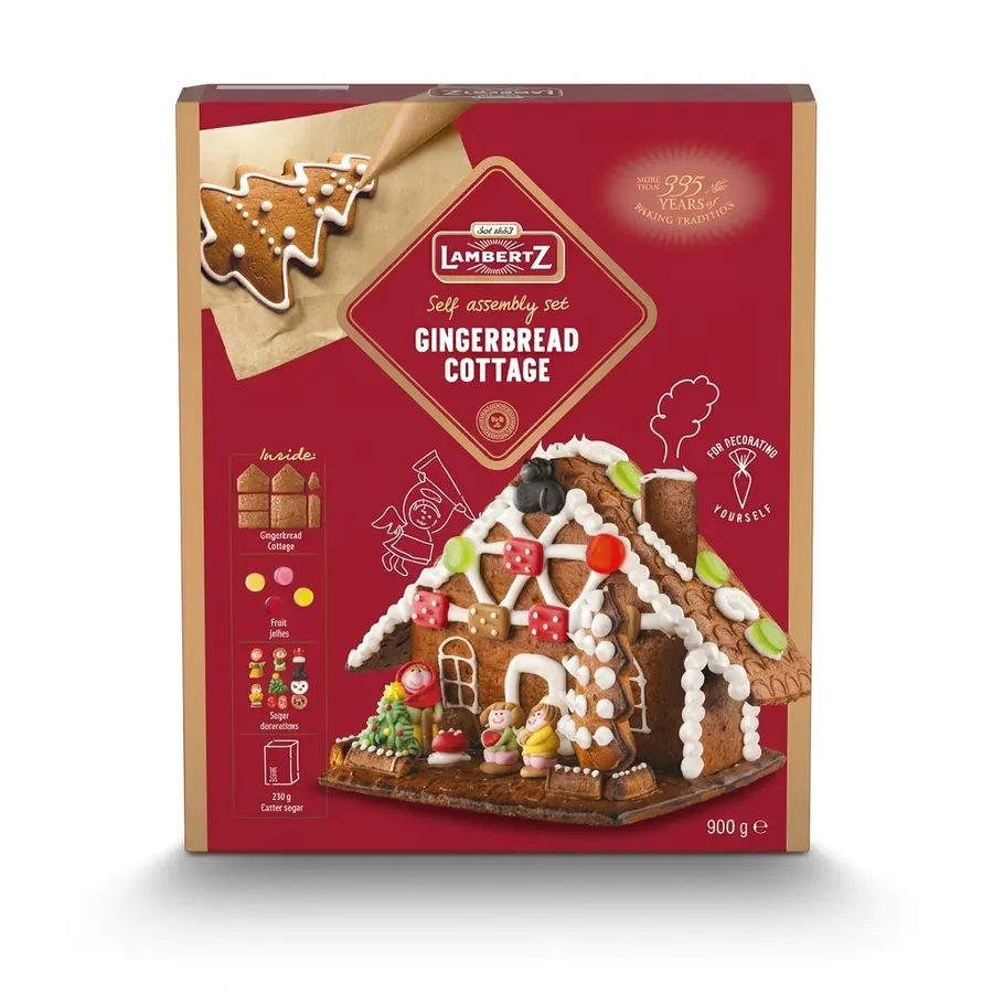 Perníková chaloupka ke složení LAMBERTZ, balení 900 g, s polevou, barevnými cukrovými figurkami a ovocným želé
