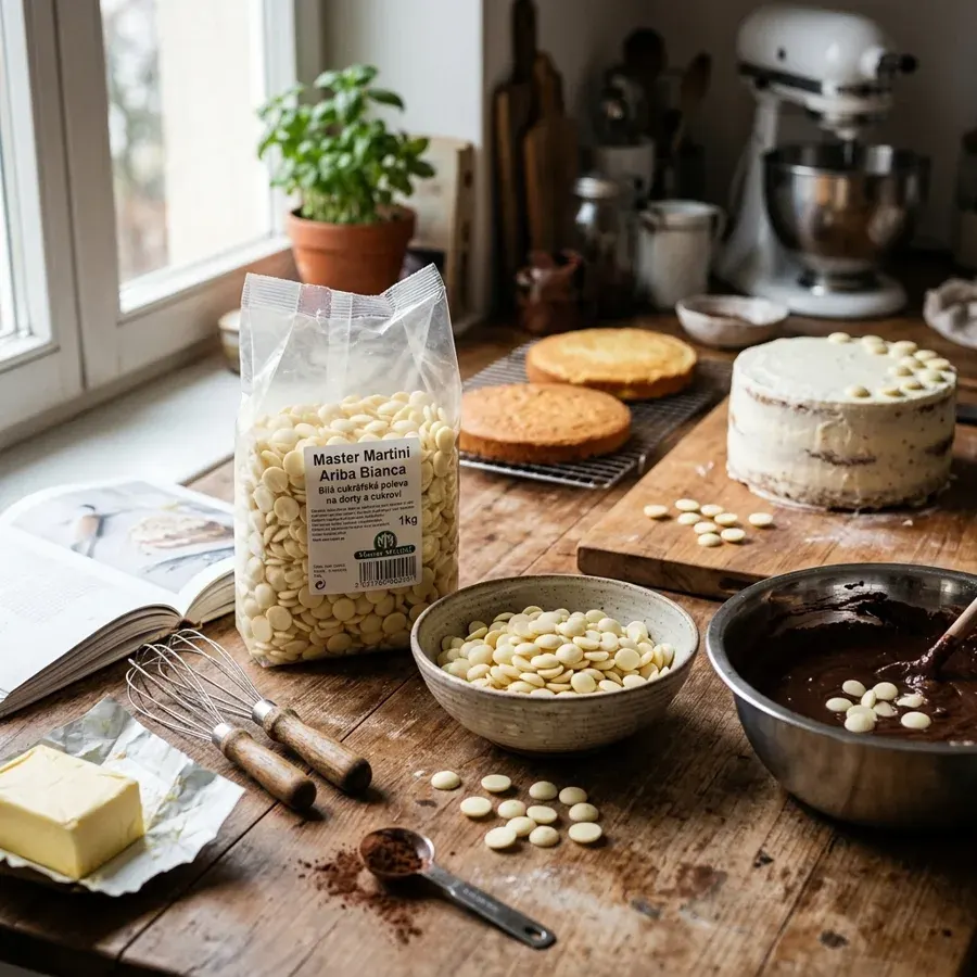Bílá cukrářská poleva Master Martini v balení 1 kg, sněhově bílý odstín, na dorty a cukroví