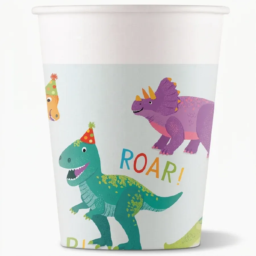 Papírové kelímky s barevným dinosauřím motivem, objem 200 ml, balení 8 kusů